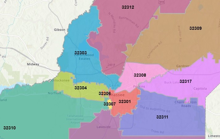 Map of all the different zip codes in Tallahassee, FL